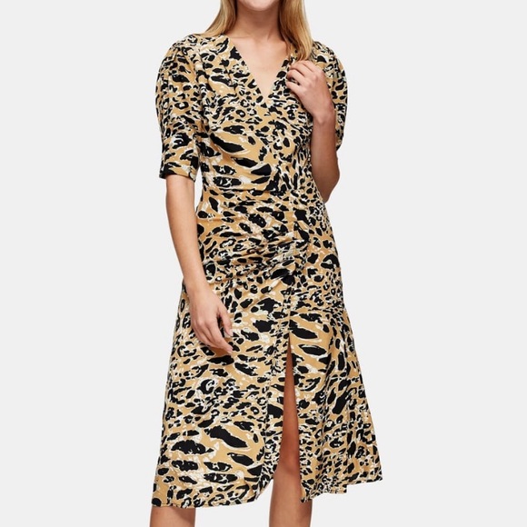 NWT TopShop Leopard Print Mock Wrap Midi Dress - Picture 1 of 10